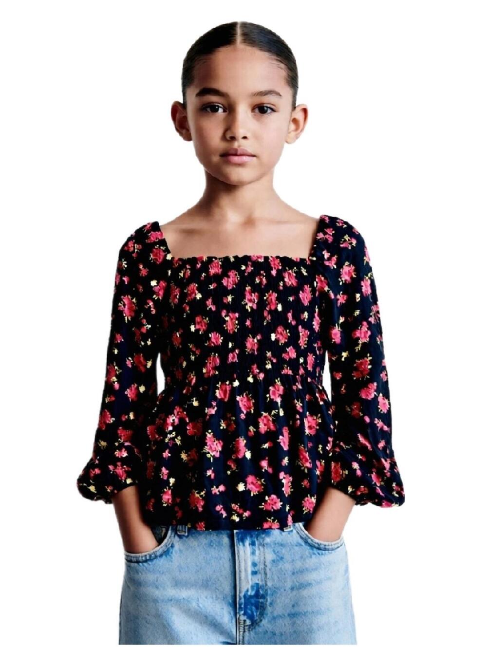 Floral Long Sleve Boho Cottage Core Fairy Black Red Scrunch Stretch Sz Girls L